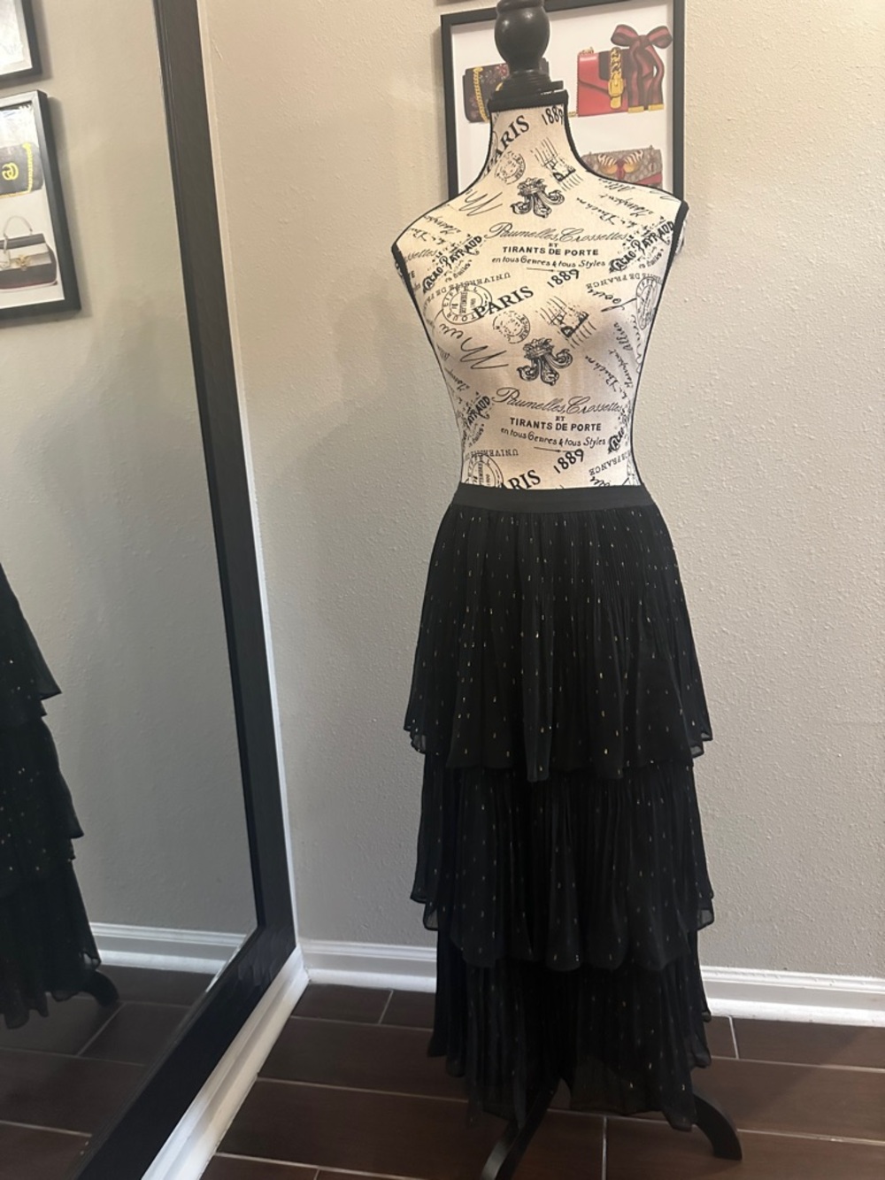 Chelsea & Violet Black Tiered Maxi Skirt with Gold Dot Accents - Picture 2 of 6